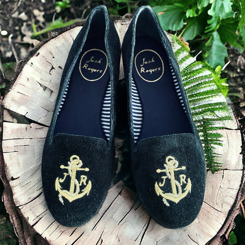 Jack Rogers Reese Suede Anchored Nautical Embroidered Ballet Flats‎ Black Size 6